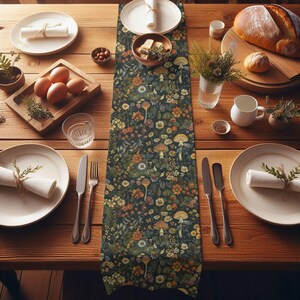 Mushroom Forest Table Runner, Elegant Table Decor, 100% Cotton or Poly, Gift for Nature Lovers, Farmhouse Table, 16&quot; x 72&quot;, Printed Design