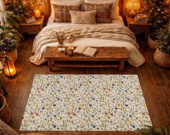 Wildflowers Rug - Boho Home Decor, Area Rug for Living Room or Bedroom, Faux Embroidery Printed Design, Cottagecore Decor, 3 sizes