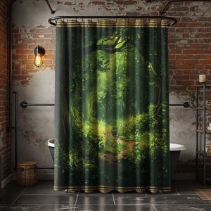 Dark Cottagecore Shower Curtain, Custom Shower Curtain Moonlit Green Forest Scenic Bath Curtain, Botanical Shower Curtain, Housewarming Gift