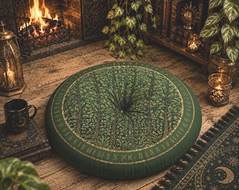 Almofada de chão com estampa de floresta e círculo rúnico, almofada redonda verde acolchoada para meditação, almofada para cantinho de leitura, estampa com bordado falso, 2 tamanhos.