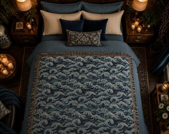 Ocean Waves Woven Blanket – 100% Cotton Jacquard Tapestry Hanging, Beach House Decor, 3 Sizes
