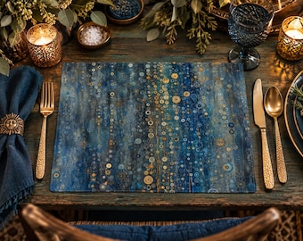Klimt-Inspired Cosmos Placemat, Blue Art Nouveau Table Decor, 100% Cotton Eco friendly Dining Table Accessories, 18" x 14”