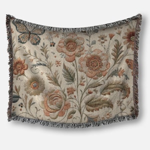Floral Woven Throw Blanket, Tapestry Wall Hanging, 100% Cotton, Cottagecore Sofa/Bed Cover Heirloom Woven Blanket, Jacquard Fringed, 3 sizes