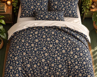 Floral Duvet Cover, Cottagecore Dark Navy Cream Floral Bedding, 100% Cotton, Matching Pillow Covers, King, Queen & Twin Sizes