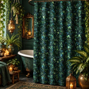 May include: A shower curtain featuring a dark green and blue mosaic pattern that resembles shimmering gemstone fragments or stained glass. The fabric displays a dense, intricate arrangement of deep emerald, teal, and navy blue shapes.