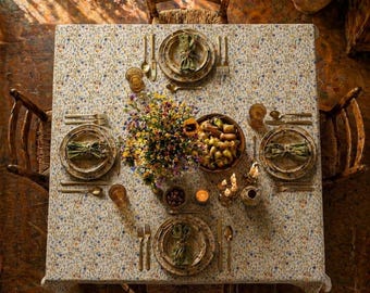 Wildflowers Tablecloth Rectangle or Square, 100% Cotton or Polyester, Floral Farmhouse Table Linen, 2 Sizes, Printed Faux Embroidery