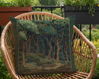 Forest Outdoor Pillows, Botanical Garden Decor, Water-resistant, UV-resistant, Cute Patio Cushions, 3 Sizes, Printed Faux Embroidery