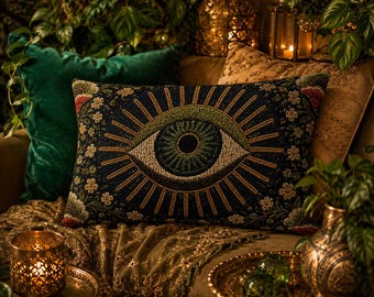 Evil Eye Outdoor Pillow, Witchy Throw Cushion, Water Resistant Patio Cushion, Printed Faux Embroidery, 20" x 14"