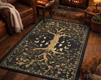 Tree of Life Area Rug with Moon Cycle, Fireflies & Butterflies, Cottagecore Decor lover Gift, 24 x 36”or 48x72” sizes, Housewarming Gift