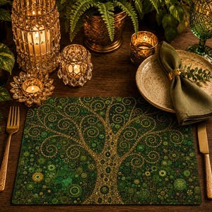 May include: A rectangular placemat featuring a detailed illustration of a tree with golden, swirling branches and a trunk set against a deep green background filled with intricate circular patterns and small floral motifs, placed on a wooden table.