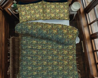 Floral Duvet Cover, 100% Cotton William Morris-Inspired King & Queen Duvet Set, Matching Pillow Covers, Cottagecore Bedding