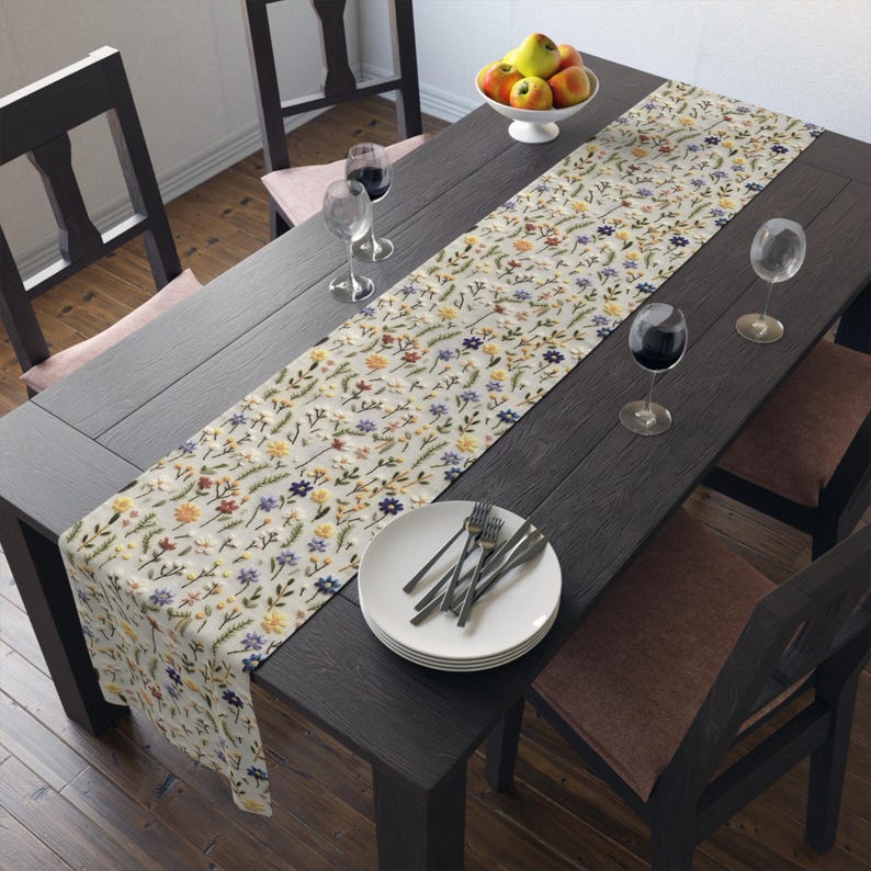 Wildflowers Table Runner, Floral Table Decor, Spring/Summer Kitchen Table Runner, Cotton or Poly 2 sizes, Faux Embroidery Printed Design image 5