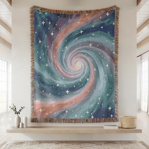 Galaxy Woven Blanket, Cozy Throw Blanket, 100% Cotton Starry Night Decor, Celestial Jacquard Woven Tapestry, Cute Astronomy Lover Gift