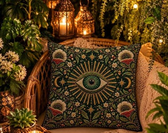 All-Seeing Eye Outdoor Pillow, Boho Celestial Patio Throw Cushion, Water-resistant, 4 Sizes, Printed Design