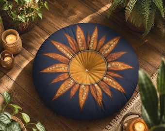 Sun Meditation Cushion, Celestial Floor Pillow, Reading Nook Cushion, Boho Floor Seating, 2 Sizes, Printed Design, Cute Housewarming Gift