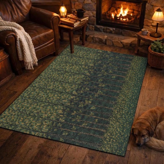 Forest Area Rug, Botanical Home Decor, Woodland Rug for Living Room or Bedroom, Faux Embroidery Printed Design, Low Pile, 3 Sizes