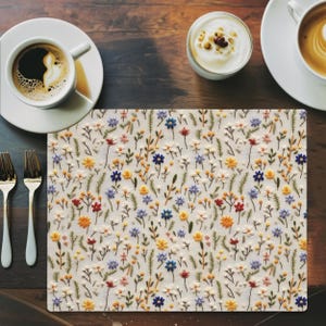 Wildflowers Placemat, Boho Kitchen Dining Table Placemat, Printed Faux Embroidery 100% Cotton, 18”x14”, Cottagecore Decor Gifts