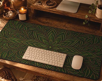 Leaf Mandala Desk Mat, Nature Desk Decor, Botanical Deskmat Aesthetic, Cute Desk Accessories, Green Mousepad, 3 Sizes, Printed Design
