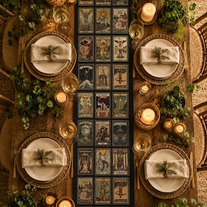 Peut inclure: Un long chemin de table noir orné d'une grille d'illustrations de cartes de tarot, dont Le Monde, La Tour, La Mort, Les Amoureux et L'Étoile, disposé sur une table en bois avec quatre couverts, des bougies et des plantes vertes.