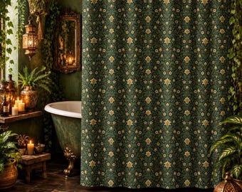 Floral Shower Curtain, William Morris Inspired Botanical Bathroom Decor, Green Fabric Bath Curtain, Cottagecore Bathroom Decor, 71" x 74"