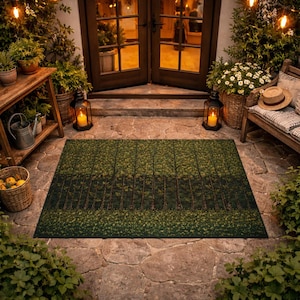 May include: A rectangular area rug featuring a dark green forest landscape pattern with tall trees and a dense, leafy ground cover. The design displays a gradient of forest green tones, creating a detailed woodland scene on a flat-woven surface.