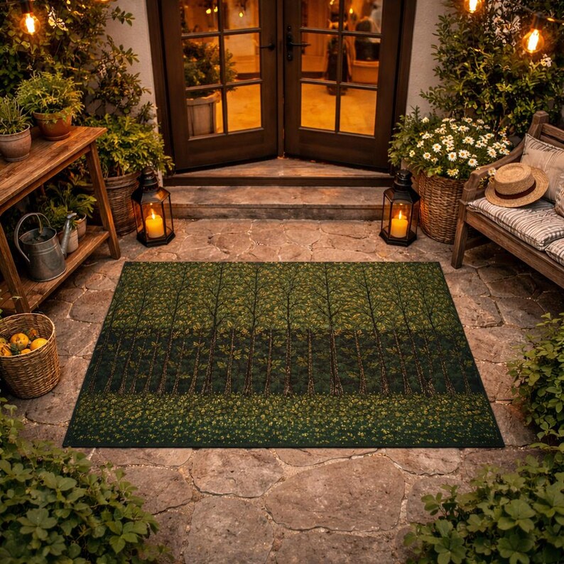 May include: A rectangular area rug featuring a dark green forest landscape pattern with tall trees and a dense, leafy ground cover. The design displays a gradient of forest green tones, creating a detailed woodland scene on a flat-woven surface.