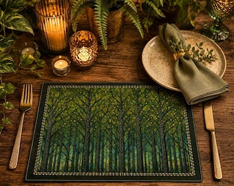 Forest Placemat, Green Woodland Table Mat, Cotton Eco-Friendly Dining Table Accessories, Holiday Hosting Decor, 18" x 14”