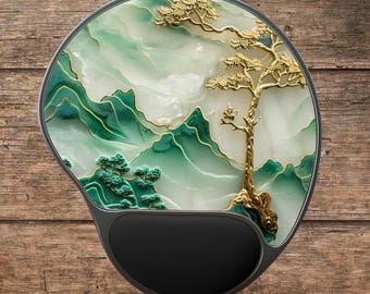 Asian Jade and Gold Wrist Rest Mouse Pad, Printed Keyboard Wrist Rest, Ergonomic Mouse Pad, Cute Office Desk Accessories, Printed Design
