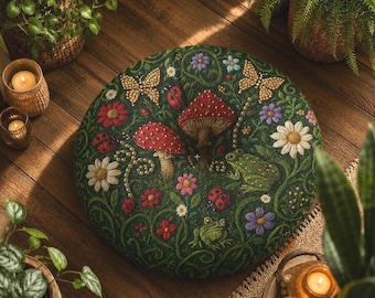 Mushroom & Frog Floor Cushion, Meditation Pillow, Reading Nook Cushion, Cottagecore Floor Pillow,  Faux Embroidery Printed Design, 2 Sizes