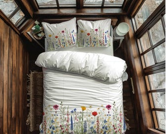 Wildflowers Bedspread Comforter and Boho Floral Pillow Covers, King & Queen sizes, Cottagecore Bedding Set, 100% Cotton or Polyester