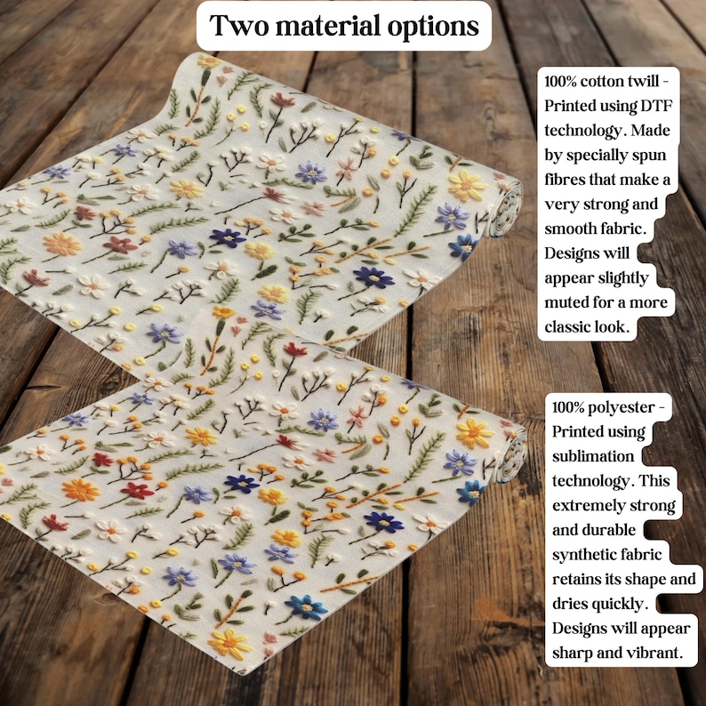 May include: Two fabric swatches with a floral pattern. The top swatch is 100% cotton twill and the bottom swatch is 100% polyester. The cotton twill is printed using DTF technology and the polyester is printed using sublimation technology. The cotton twill has a muted look and the polyester has a sharp and vibrant look.