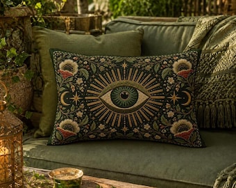 All-Seeing Eye Lumbar Pillow, Witchy Bolster Pillow, Whimsical Throw Pillow, 20" x 14", Printed Design