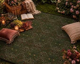 William Morris Inspired Floral Picnic Blanket, Green Botanical Garden Decor, Water resistant Beach Blanket, Festival Blanket,  61" x 51"