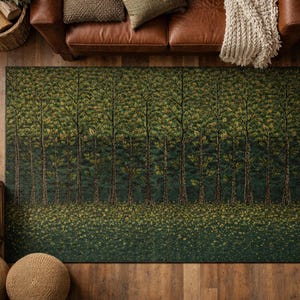May include: A rectangular area rug featuring a dense forest scene with tall, slender tree trunks in shades of brown and black, set against a deep green background with a textured floor covered in fallen leaves in yellow, gold, and green tones.