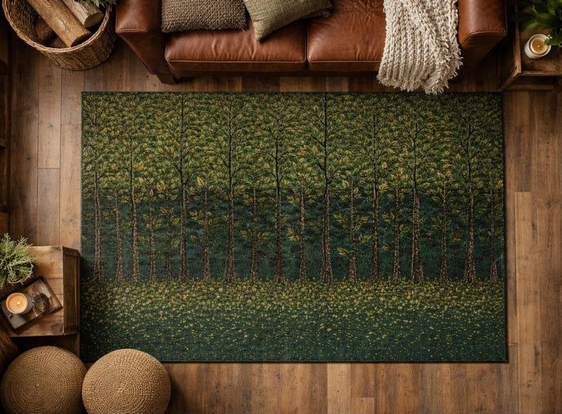 May include: A rectangular area rug featuring a dense forest scene with tall, slender tree trunks in shades of brown and black, set against a deep green background with a textured floor covered in fallen leaves in yellow, gold, and green tones.