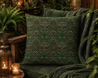 Floral Pillow Cover, William Morris Inspired Green Cottagecore Cushion Cover, Faux Suede Animal-Friendly Decor, 4 Sizes