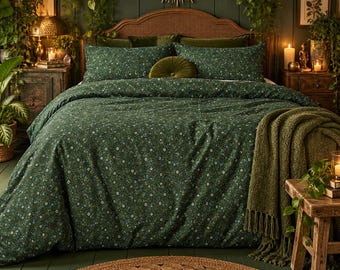 Botanical Comforter Bedspread and Pillow Covers, Green Vines & Flowers 100% Cotton Nature Inspired Bedding Set, King, Queen + Twin Sizes