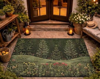 Forest Rug, Green Botanical Doormat, Non-Slip Heavy Duty Floor Mat for Bathroom, Kitchen, Bedroom, Nursery, Faux Embroidery Printed Design