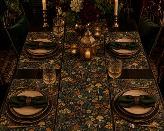 May include: A dining table setting featuring a dark fabric runner and placemats with a colorful botanical mushroom and wildflower print. Each place setting includes a white plate, a dark green cloth napkin with a metal ring, and a wine glass.