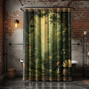 Forest Shower Curtain, Botanical Shower Curtain, Custom Shower Curtain, Colourful Bathroom Decor, Green Forest Scenic Bath Curtain