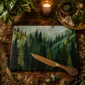 Pine Forest Glass Cutting Board, Woodland Charcuterie Board, Challah Board, Serving Tray, Print on Tempered Glass, 2 Sizes