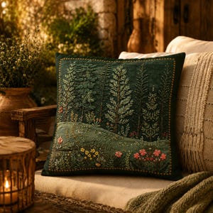 May include: A square throw pillow in a deep forest green color featuring intricate embroidery of a dense woodland scene with tall pine trees and a foreground meadow filled with small, colorful wildflowers in shades of pink and yellow.