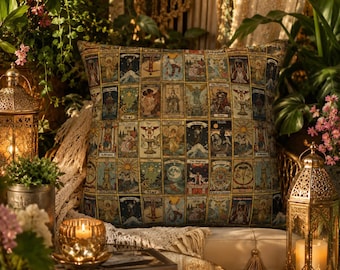 May include: A square throw pillow featuring a grid pattern of various tarot card illustrations in muted tones of gold, blue, and brown. The fabric displays multiple iconic figures and symbols from the major arcana, including The Star, The Magician, and The Lovers, printed in a repeating, detailed collage layout.
