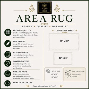 May include: An informational graphic for an area rug by Styled by Spirit. It lists features including 100% polyester chenille, low profile, hemmed edges, coated backing, and vibrant dye sublimation print. Available sizes are 152.4 cm by 91.4 cm and 91.4 cm by 61 cm.