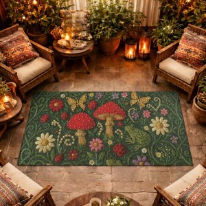 May include: A rectangular area rug featuring a dark green background with a detailed pattern of red mushrooms, yellow butterflies, white and pink flowers, ladybugs, and a green frog, all rendered in a textured, embroidered-style design.