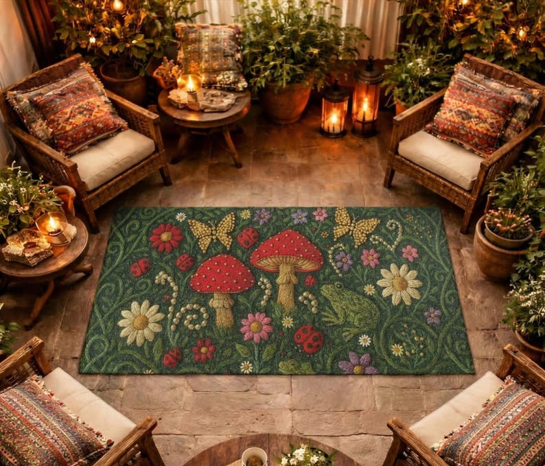 May include: A rectangular area rug featuring a dark green background with a detailed pattern of red mushrooms, yellow butterflies, white and pink flowers, ladybugs, and a green frog, all rendered in a textured, embroidered-style design.