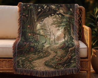 Forest Woven Blanket, Botanical Tapestry Wall Hanging, 100% Cotton, Sofa or Bed Cover, 3 sizes