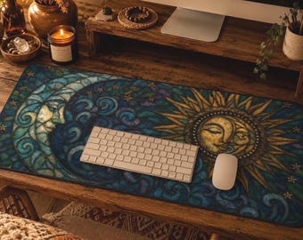 Celestial Desk Mat Aesthetic - Sun + Moon Design Mousepad, Witchy Desk Decor, Cute Desk Accessories, 3 Sizes, Printed Design