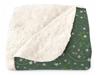 Botanical Sherpa Fleece Blanket, Soft Decorative Cottagecore Throw Blanket for Couch, Pet Blanket, Printed Design, 80" x 60" and 60" x 50”