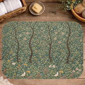 Woodland Badematte, Cottagecore Botanischer Garten Dekor, rutschfester Badteppich, 2 Größen, Faux Stickerei Print Design